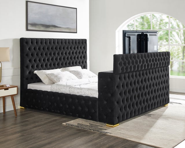 Future Black Velvet FIREPLACE/BLUETOOTH SPEAKERS/TV STAND Queen Platform Bed