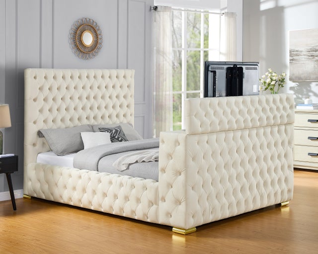 Future Beige Velvet FIREPLACE/BLUETOOTH SPEAKERS/TV STAND King Platform Bed