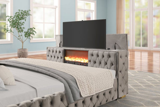 Future Grey Velvet FIREPLACE/BLUETOOTH SPEAKERS/TV STAND Platform Queen Bed