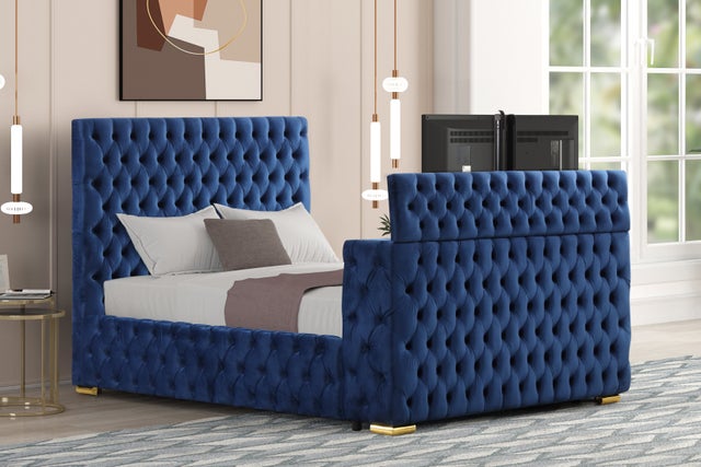 Future Blue Velvet FIREPLACE/BLUETOOTH SPEAKERS/TV STAND Platform Queen Bed