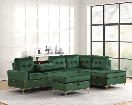 Anserra Green Velvet Reversible Sectional + Ottoman