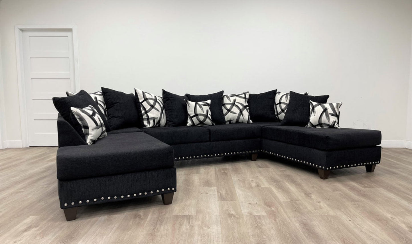 135" Black Fabric Double Chase Sectional 111