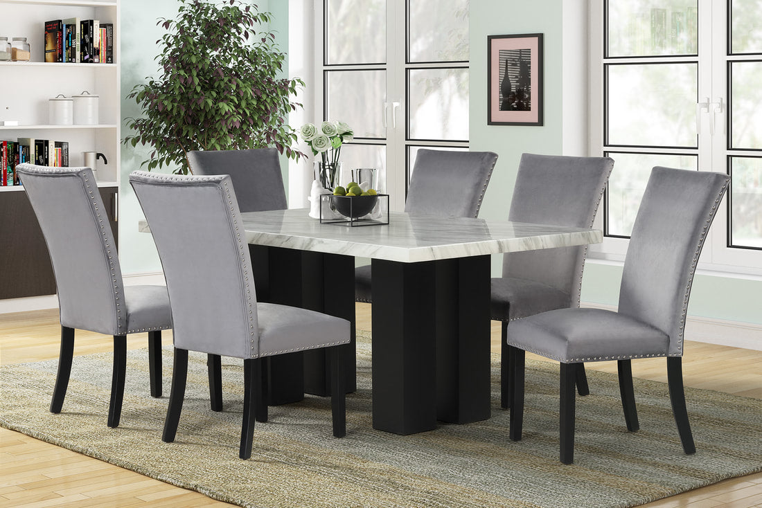 Grand Grey Velvet 7pc Dining Set 1220  (FAUX MARBLE)