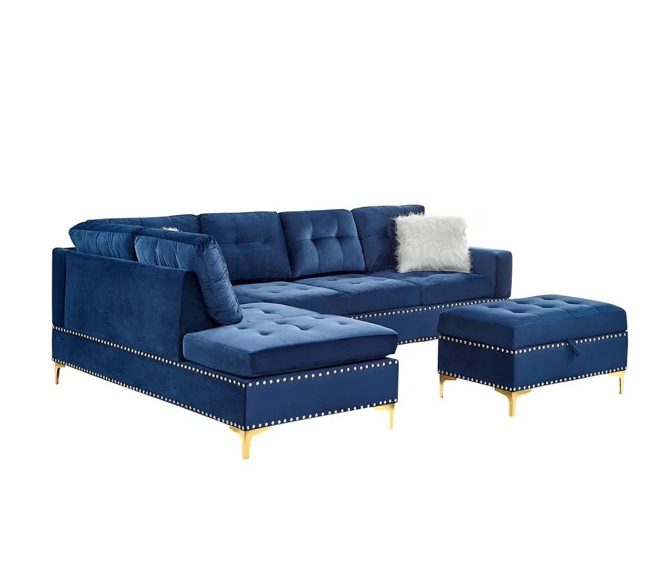 Joy Blue Velvet Reversible Sectional with Ottoman S123