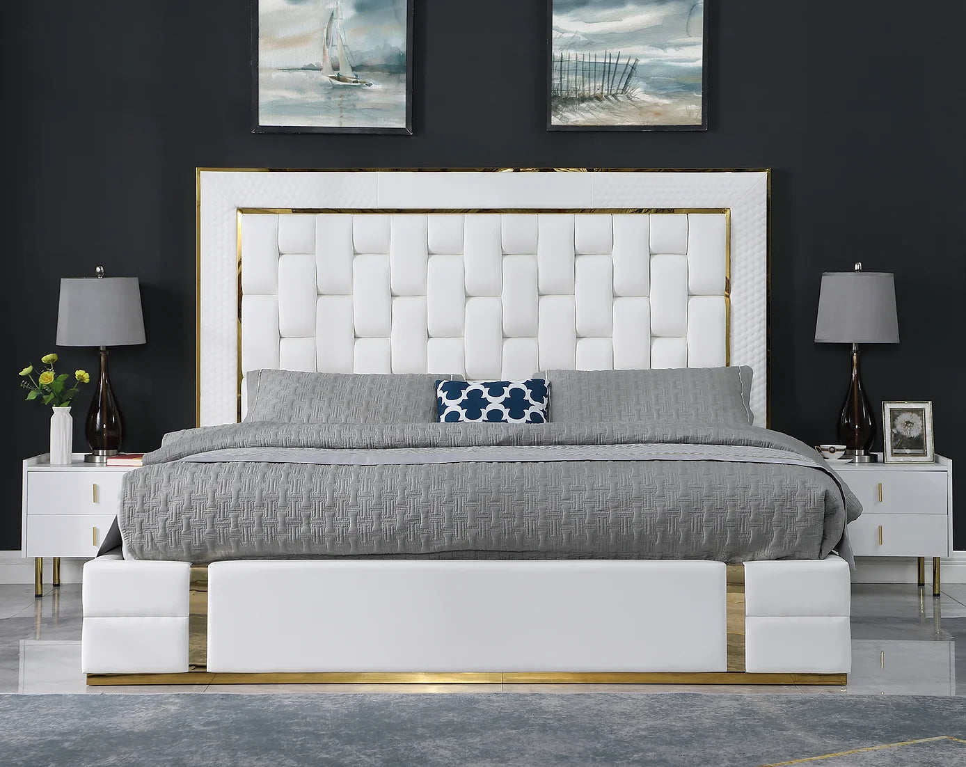 Marbella White/Gold Leather Queen Bed B700