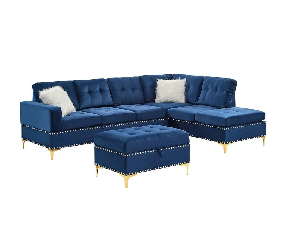 Joy Blue Velvet Reversible Sectional with Ottoman S123