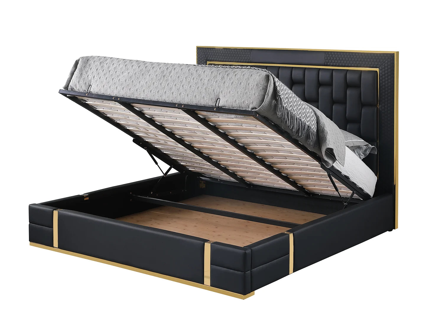 Marbella Black/Gold Leather Queen Storage Bed B700