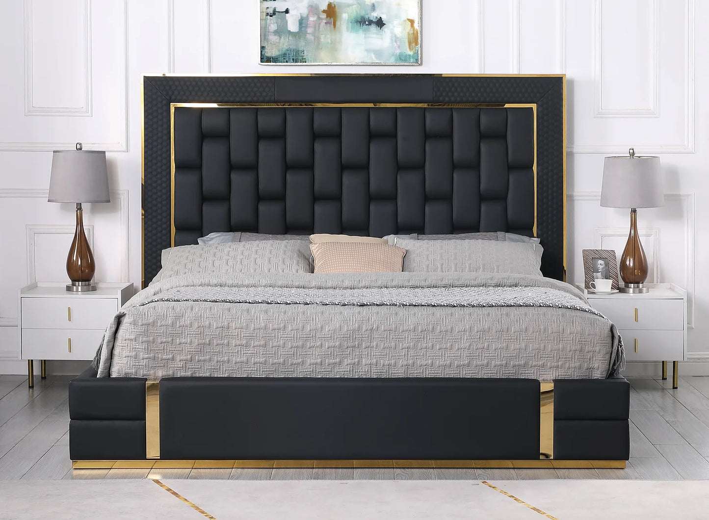 Marbella Black/Gold Leather Queen Storage Bed B700