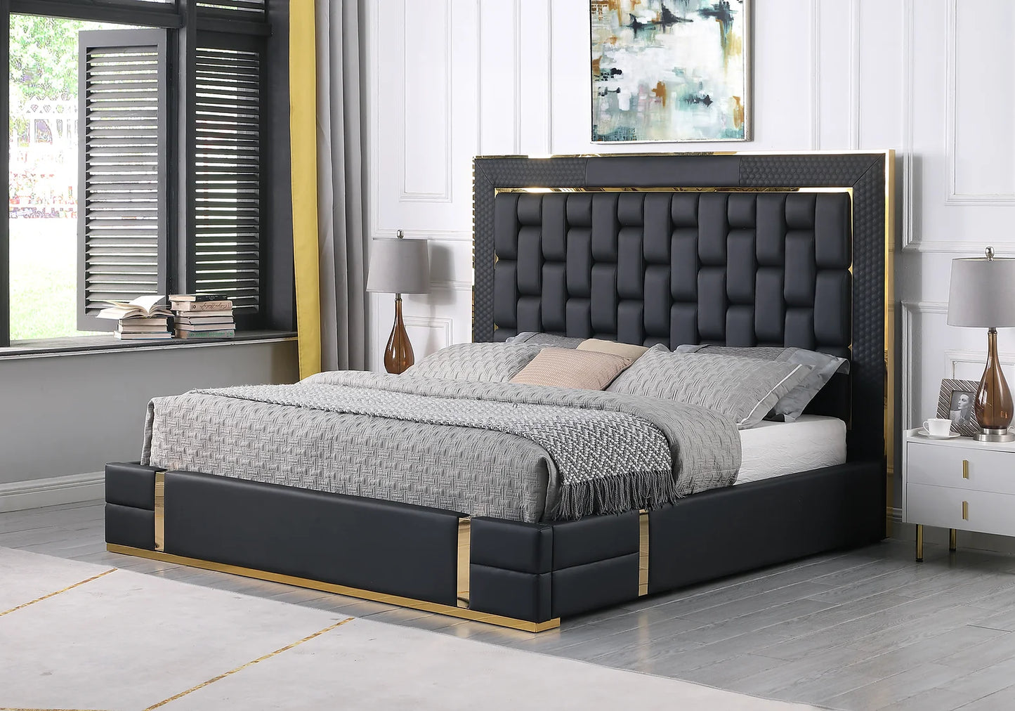 Marbella Black/Gold Leather Queen Storage Bed B700