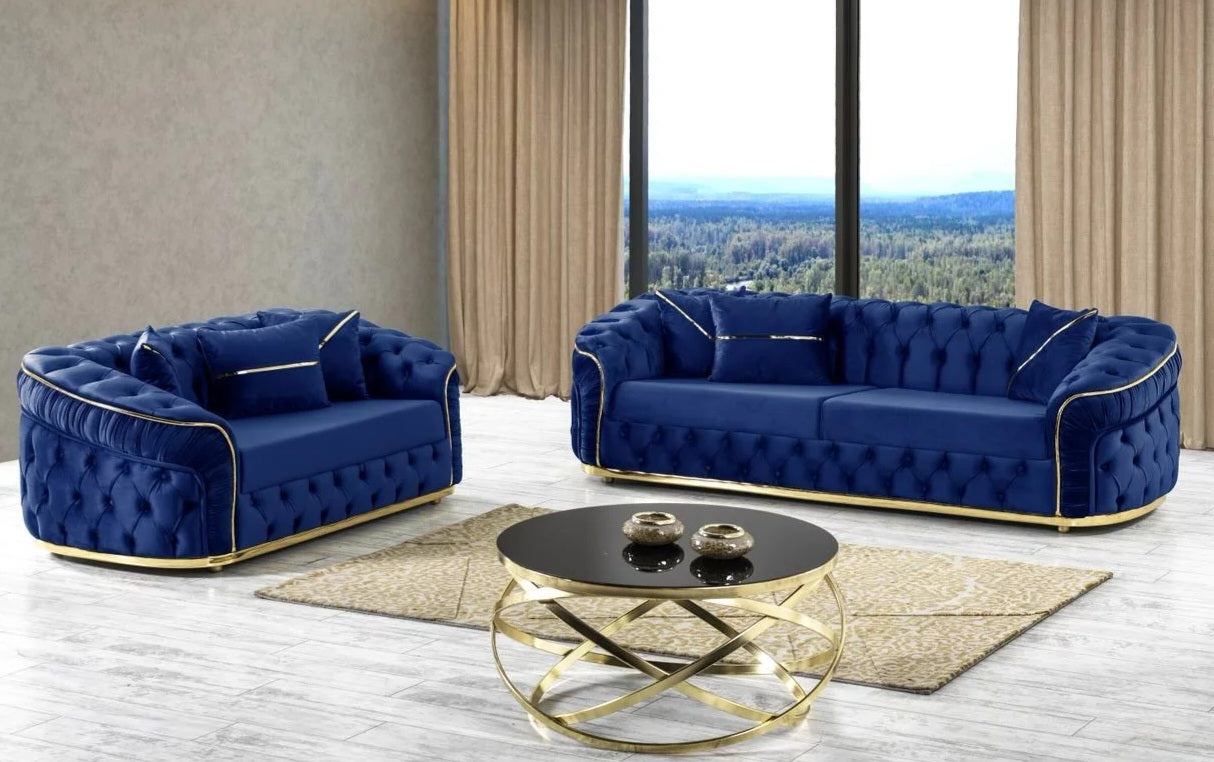 Capella Blue Velvet Sofa and Loveseat 6502