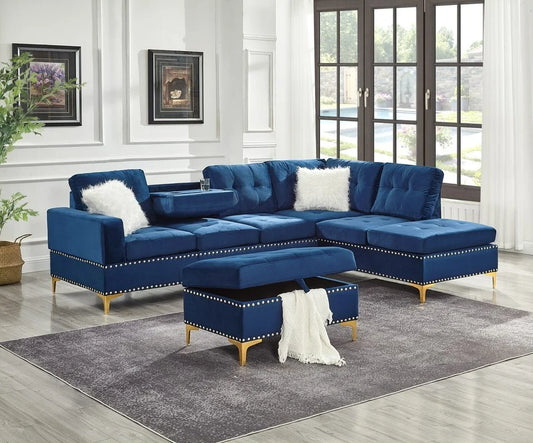 Joy Blue Velvet Reversible Sectional with Ottoman S123