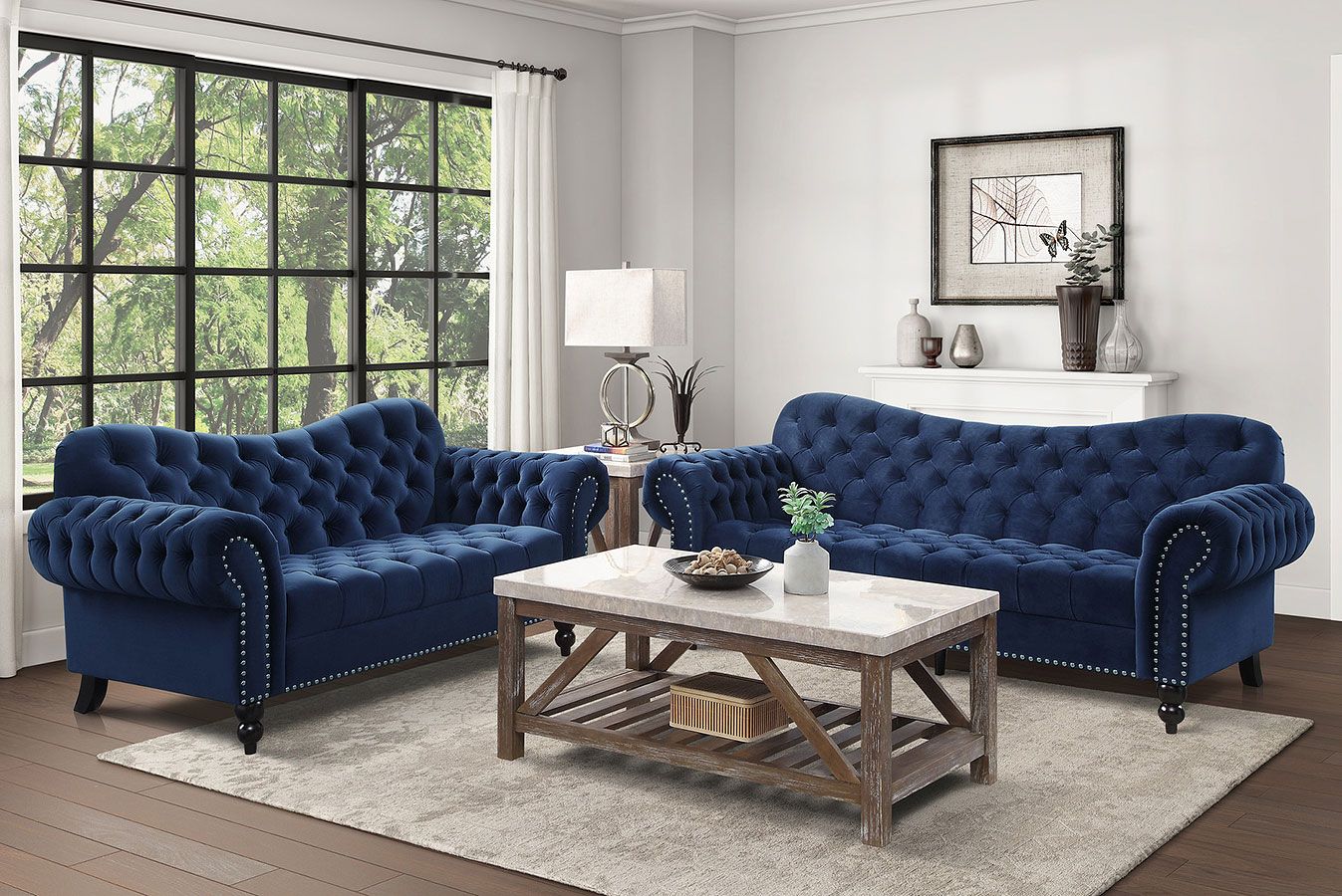 Rosalie Blue Velvet Sofa and Loveseat 9330