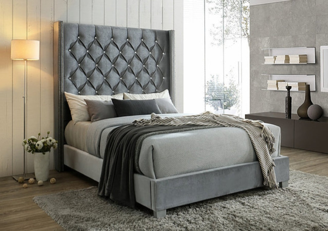 Beverly Gray Velvet Queen Panel Bed B9830