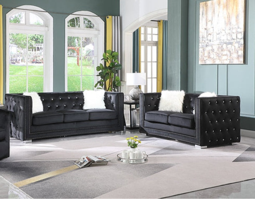 ParisII Black Velvet Sofa and Loveseat S4112