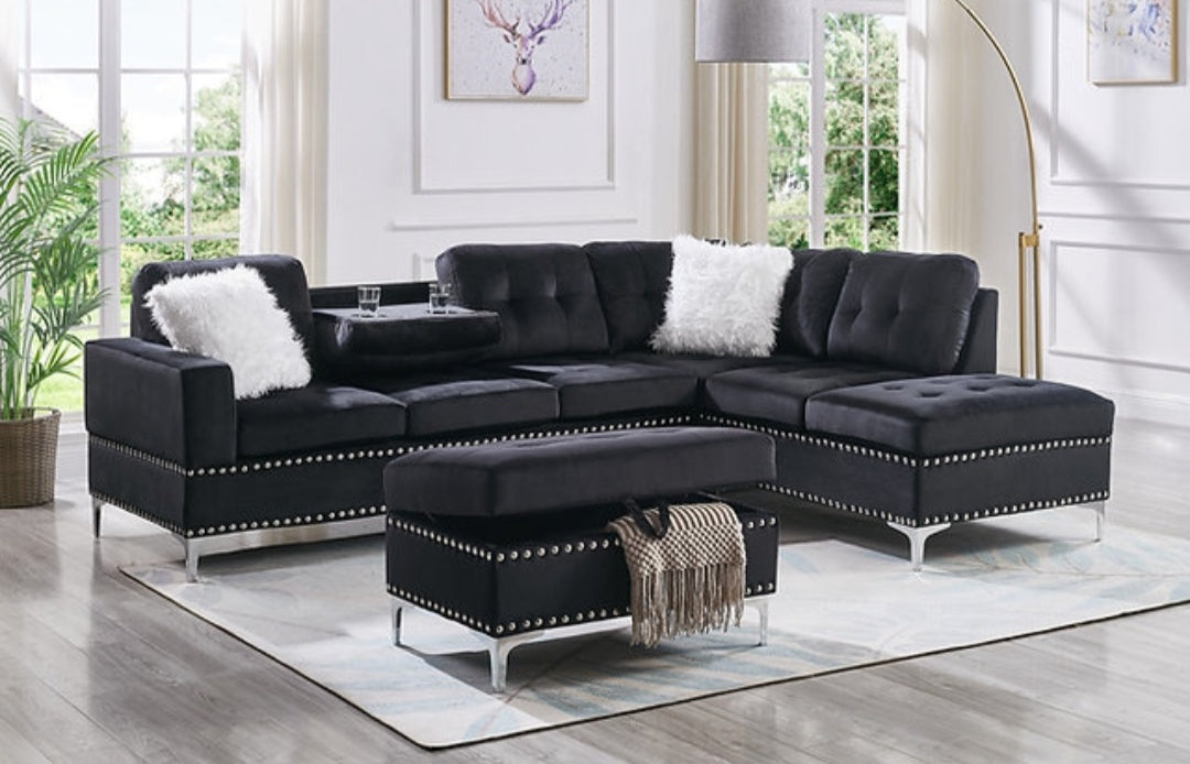 Joy Black Velvet Reversible Sectional with Ottoman S123