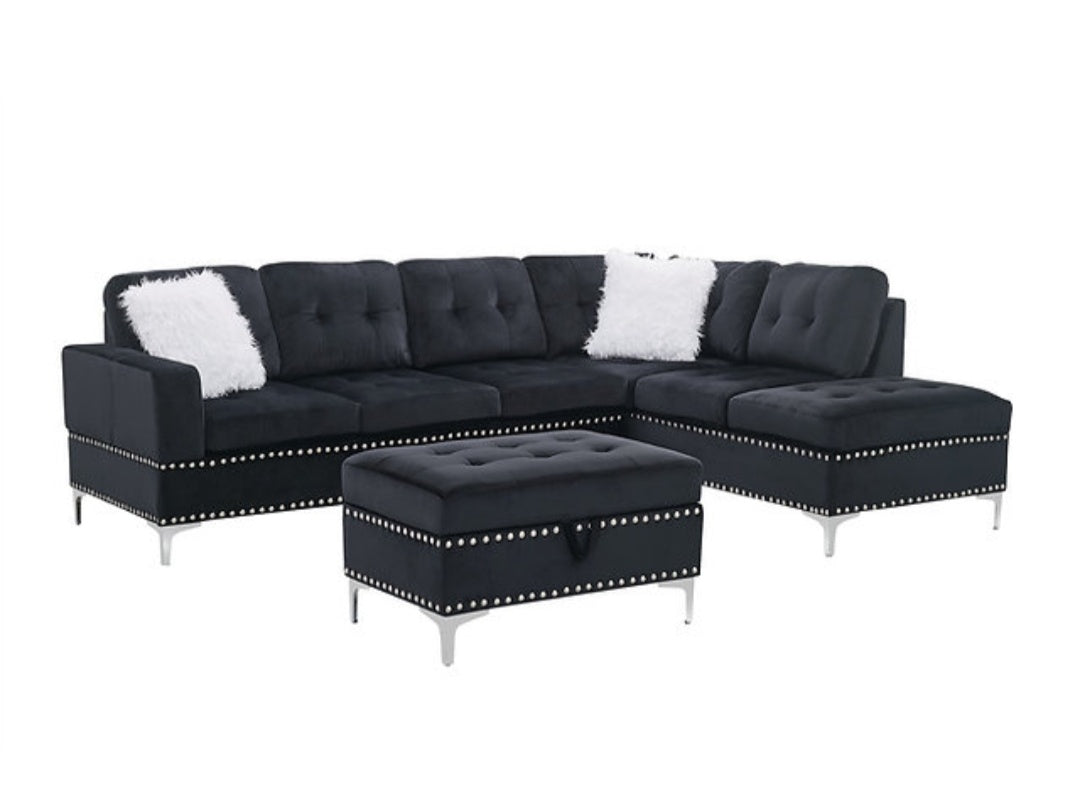 Joy Black Velvet Reversible Sectional with Ottoman S123