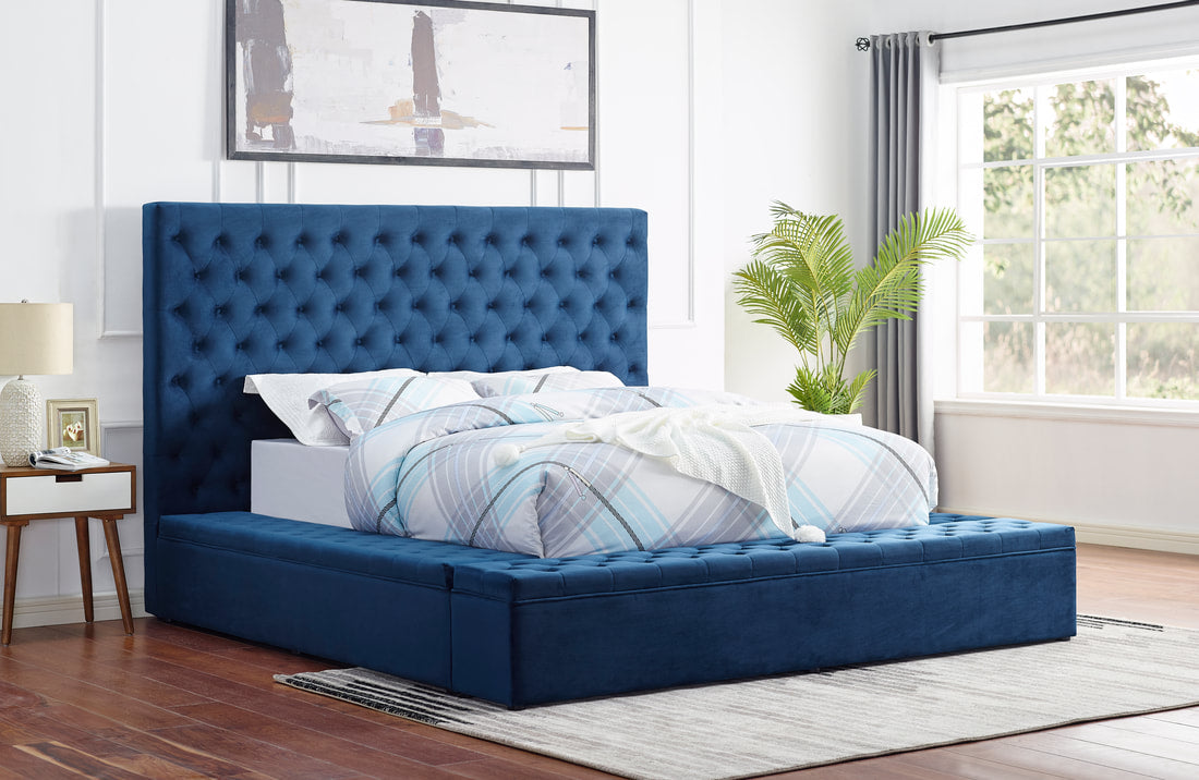 Paris Blue Velvet Platform  Bed King