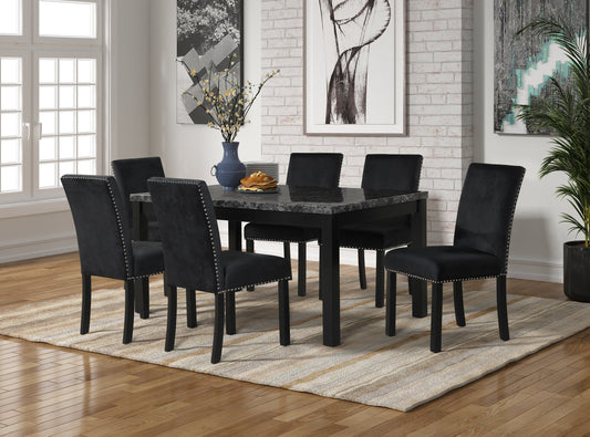 Camila Black Velvet 7pc Dining Room Set  (FAUX MARBLE) 