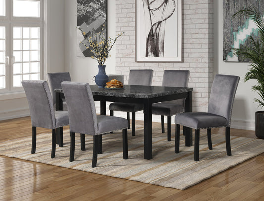 Camila Grey Velvet 7pc Dining Room Set  (FAUX MARBLE) 