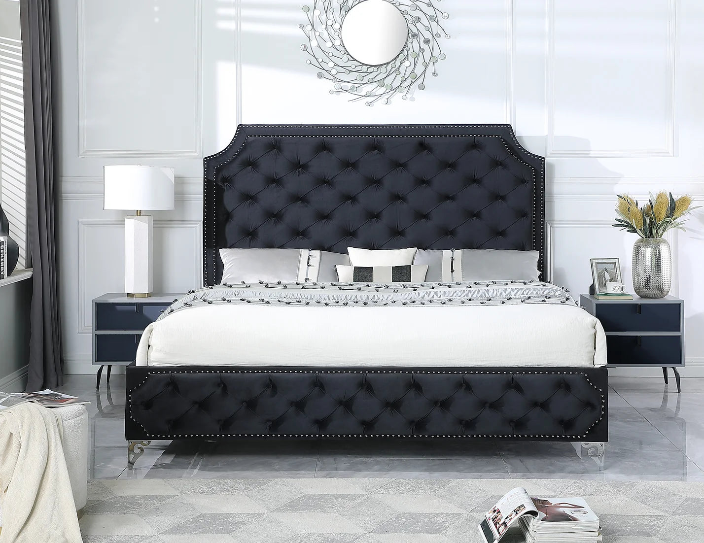 Leilah Platform Black Velvet King Bed B830