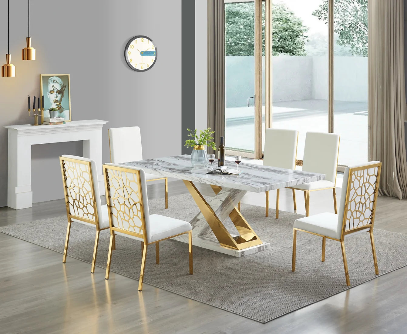 Viva White/Gold Faux Marble Dining Set D610