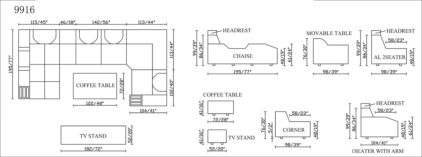 Matrix Black 163" Sectional with Coffee Table and TV Stand S9916