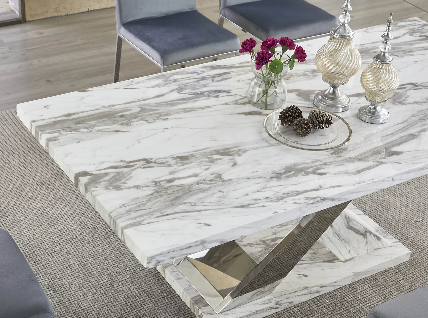 Viva White/Grey Faux Marble Dining Set D610