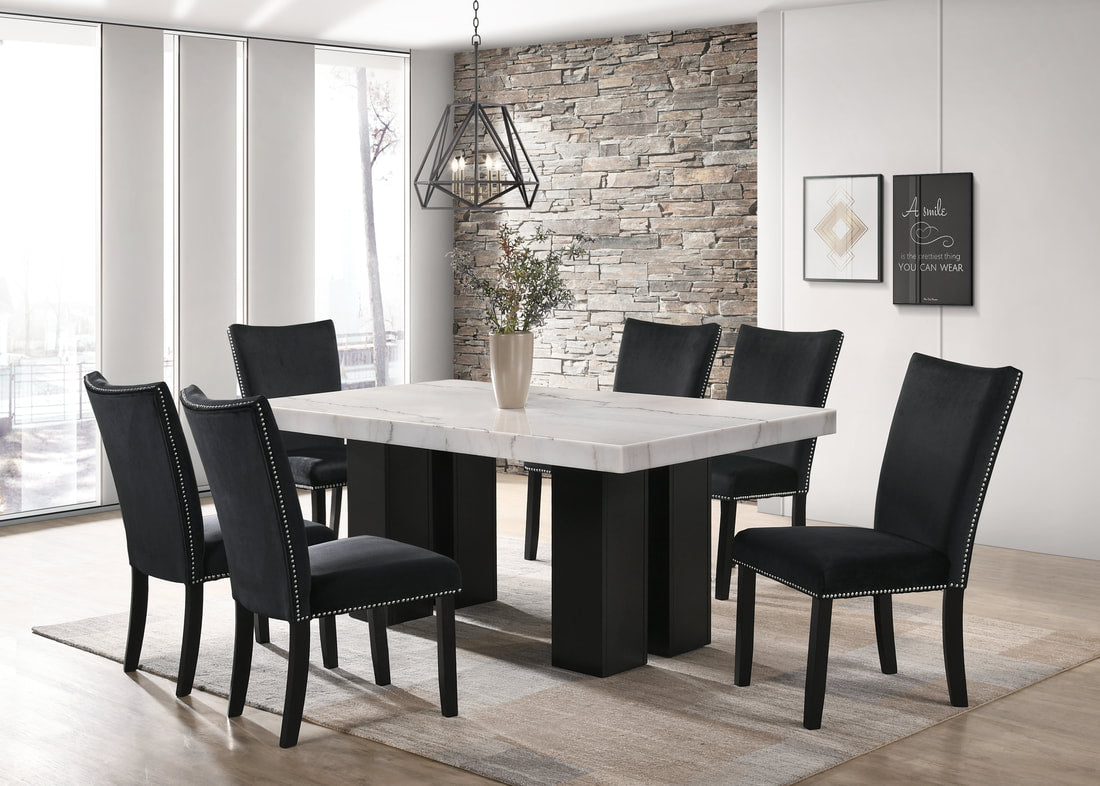 Finland Black Velvet 7pc Dining Room Set (GENUINE MARBLE)