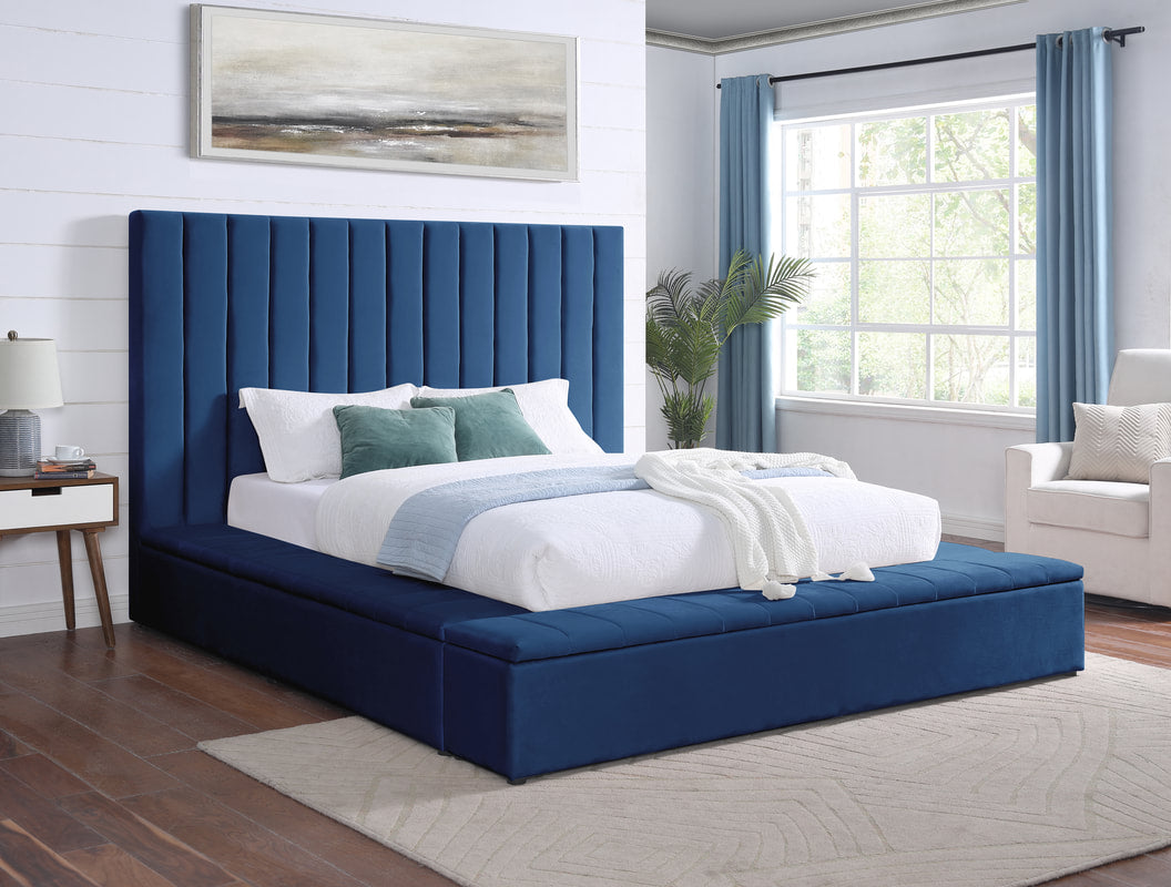 France Blue Velvet King Platform Bed