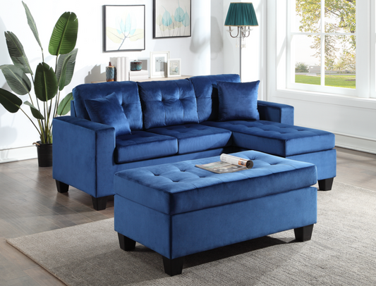 Naomi Reversible Blue Velvet Sectional  with Ottoman