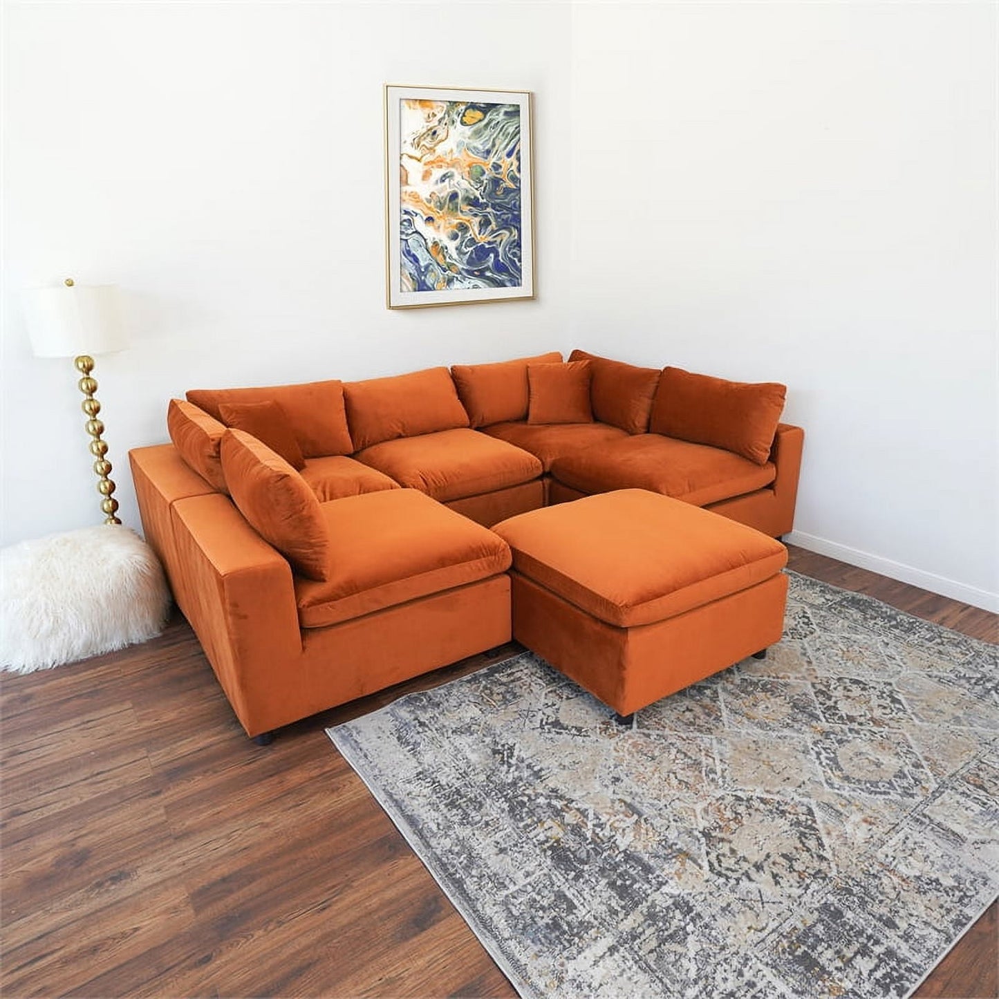 Laven Mid-Century Modern 6pc Burnt Orange Velvet Sectional