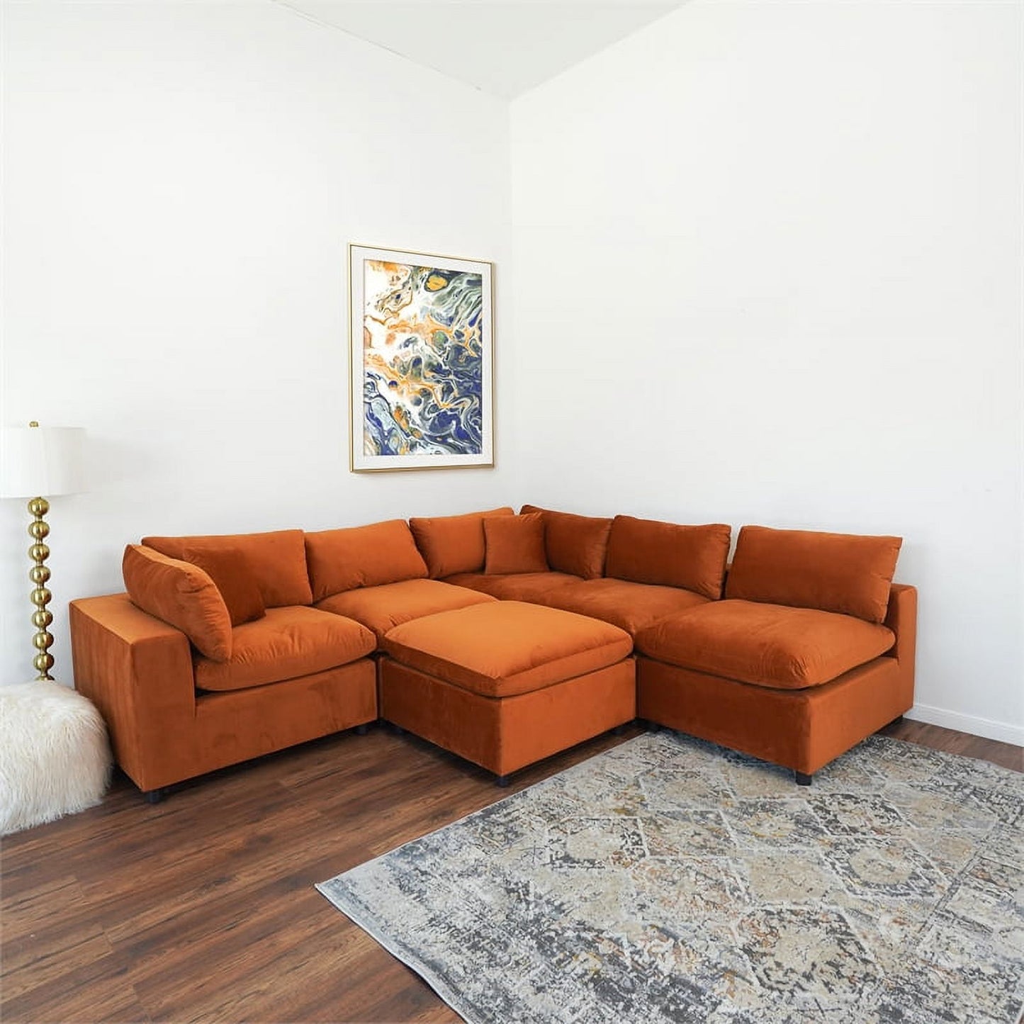 Laven Mid-Century Modern 6pc Burnt Orange Velvet Sectional