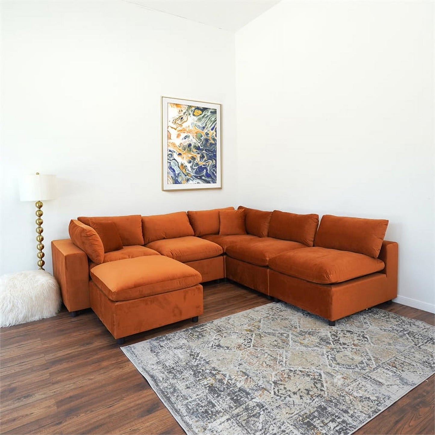 Laven Mid-Century Modern 6pc Burnt Orange Velvet Sectional