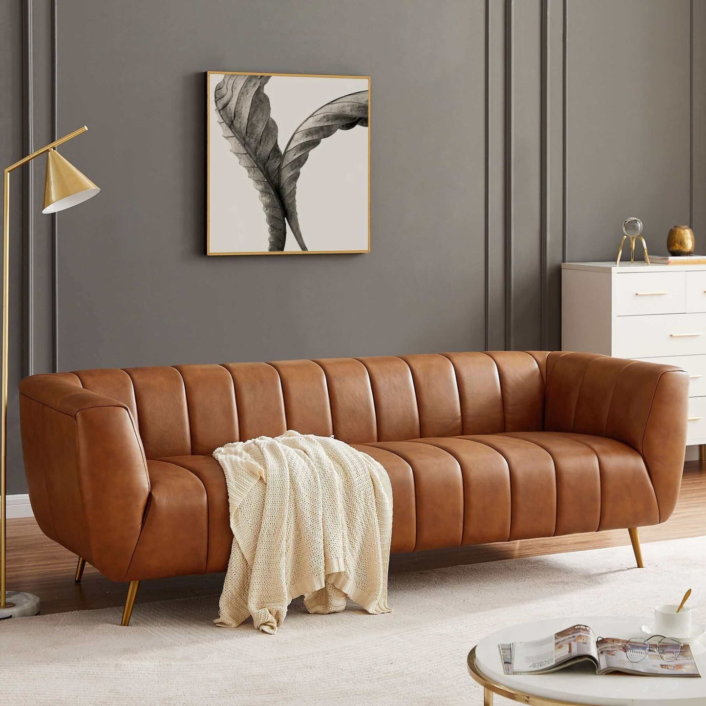 LaMattina Cognac Genuine Italian Leather Channel Tufted Sofa