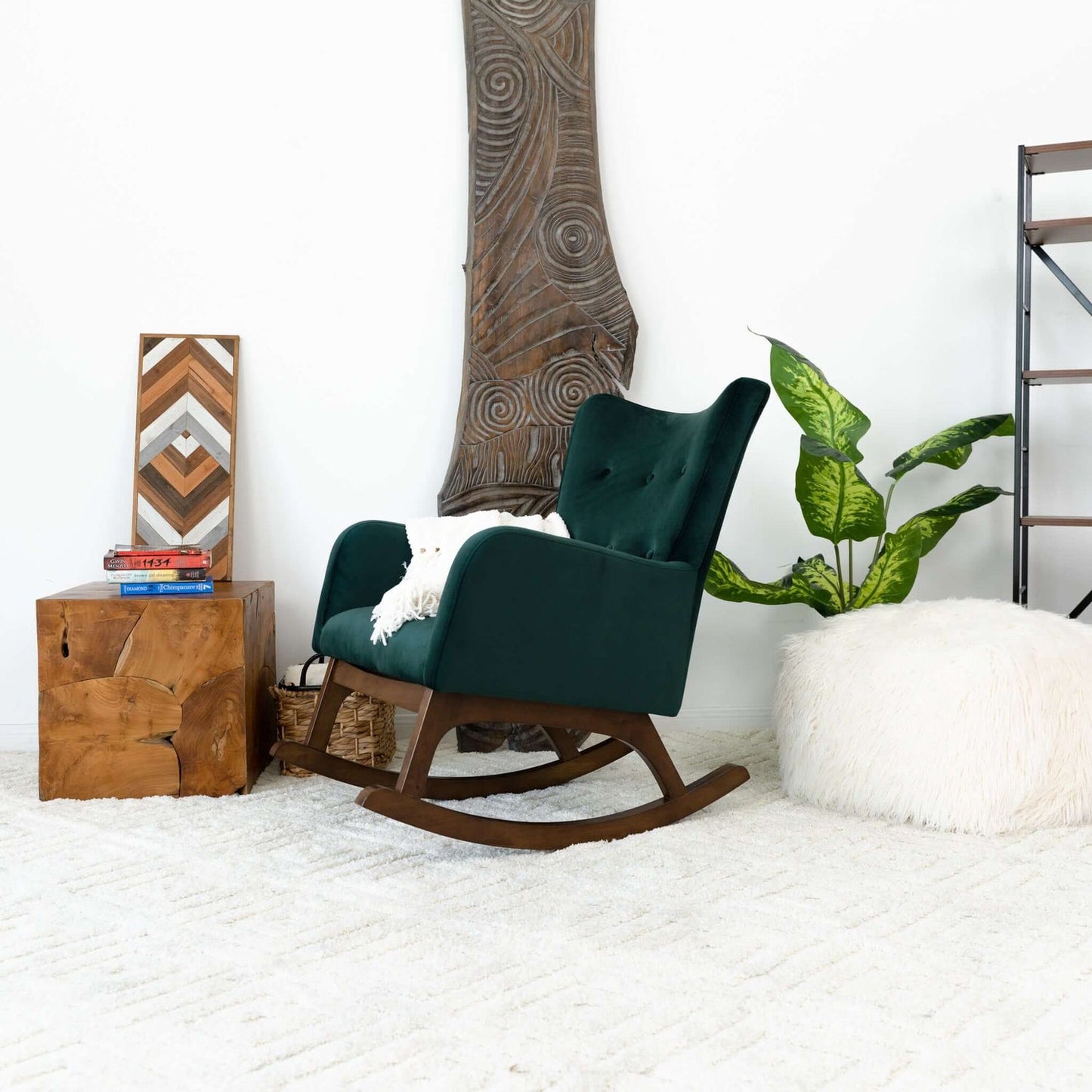 Alistair Green Velvet Solid Wood Rocking Chair