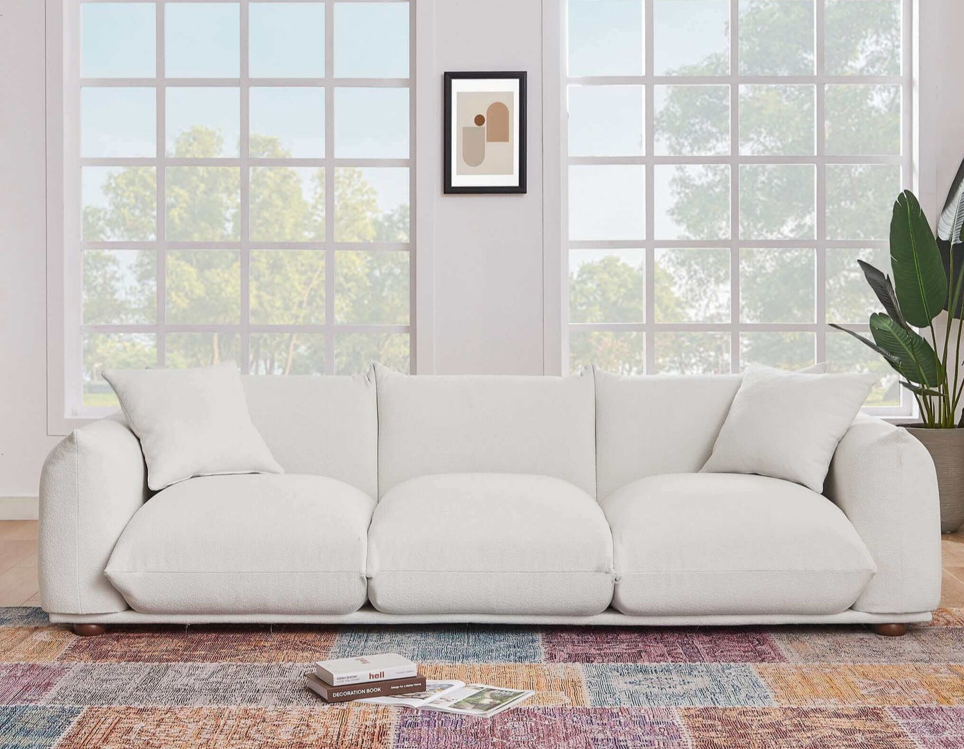 Kely Cream Mid-Century Modern 100'' Boucle Upholstered Sofa