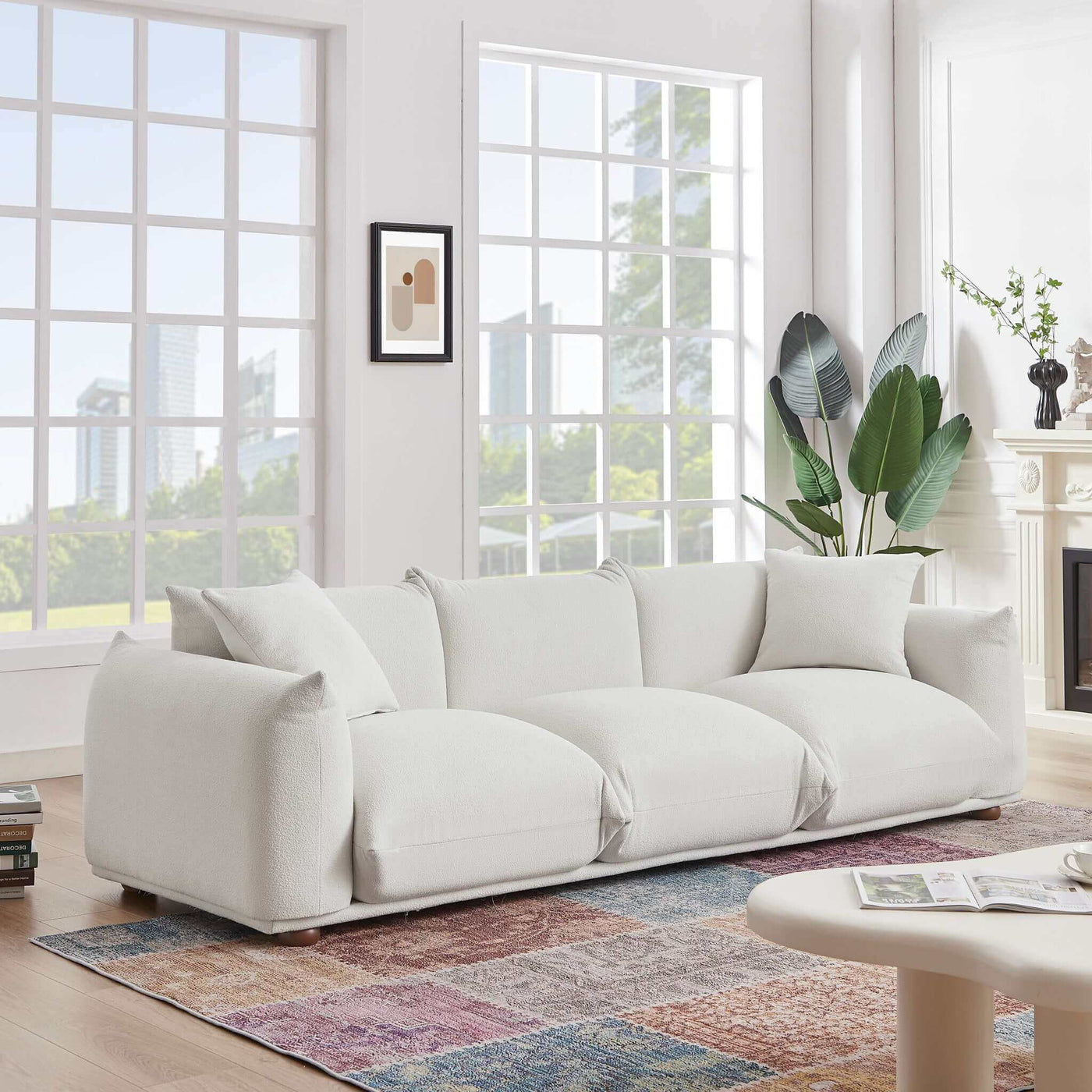 Kely Cream Mid-Century Modern 100'' Boucle Upholstered Sofa