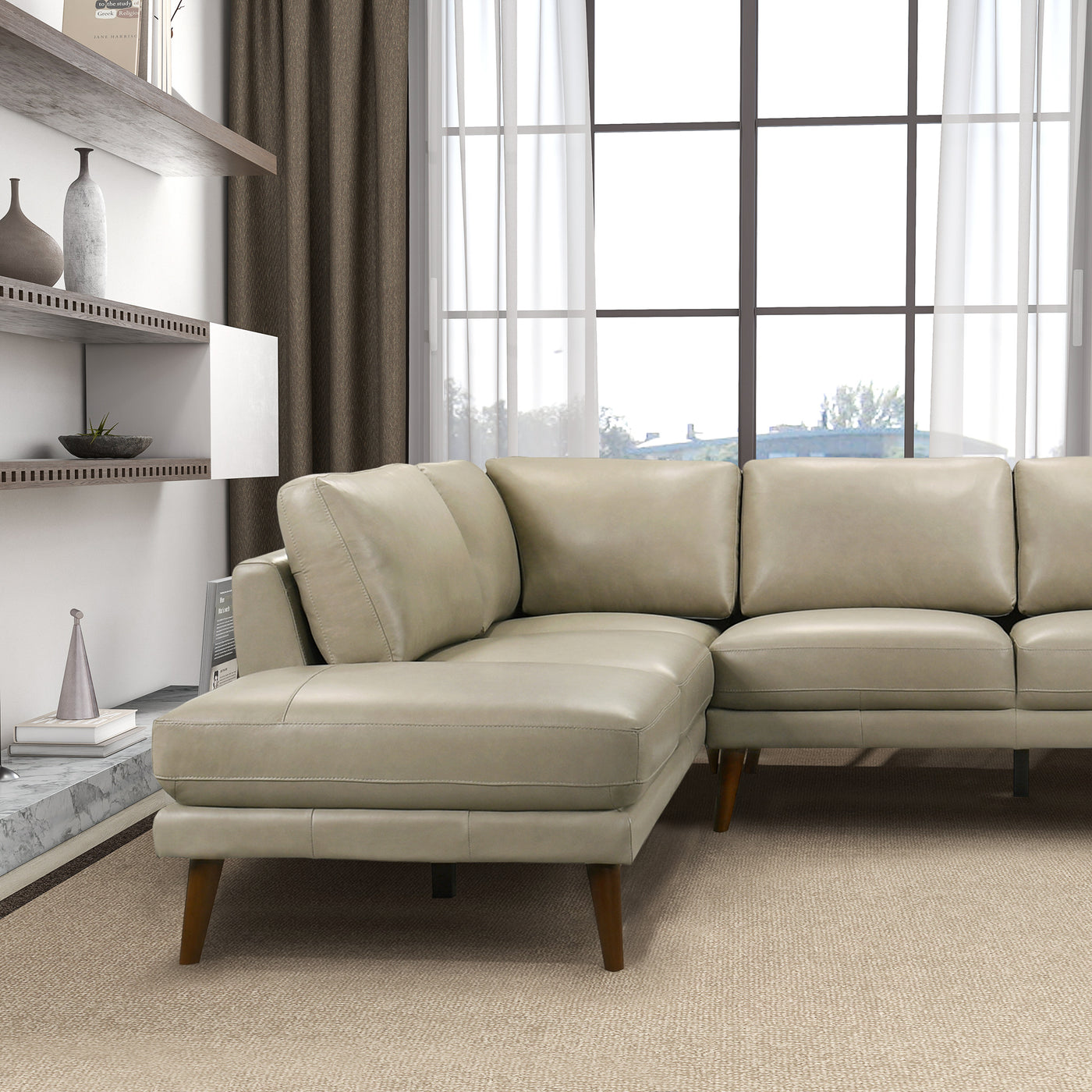 Benson 98" Beige Leather Sectional Sofa Left Facing Chaise