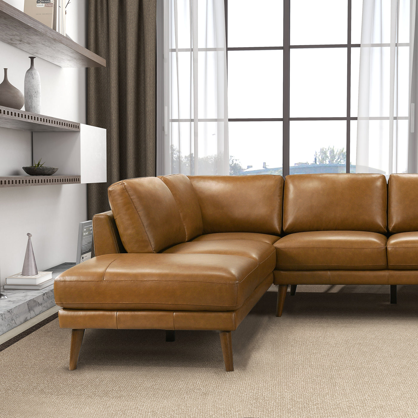 Benson 98" Tan Leather Sectional Sofa Left Facing Chaise