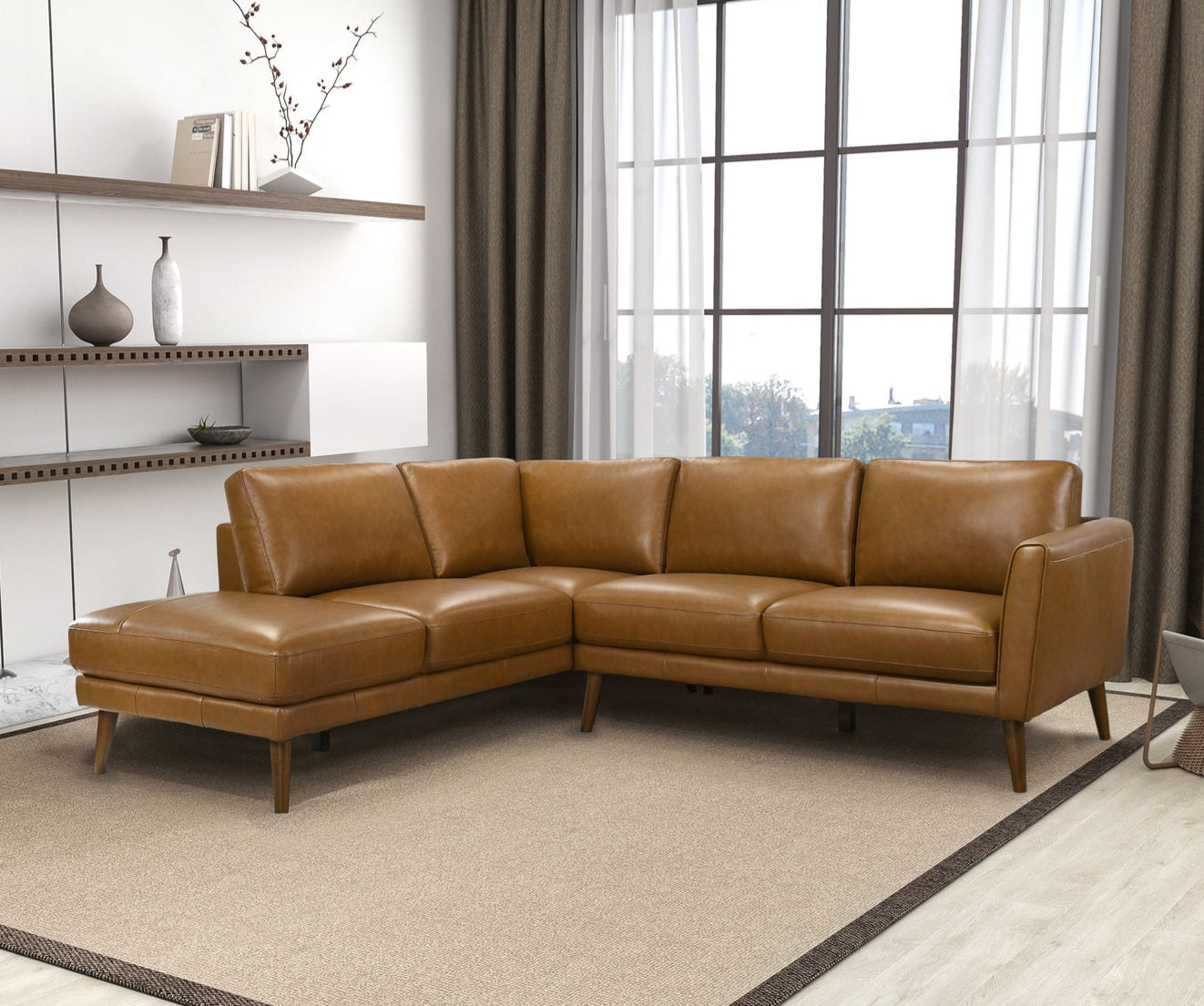 Benson 98" Tan Leather Sectional Sofa Left Facing Chaise