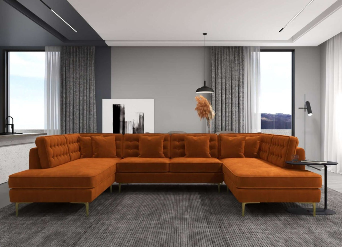 Brooke 131" Orange Velvet U Shape Corner Sectional