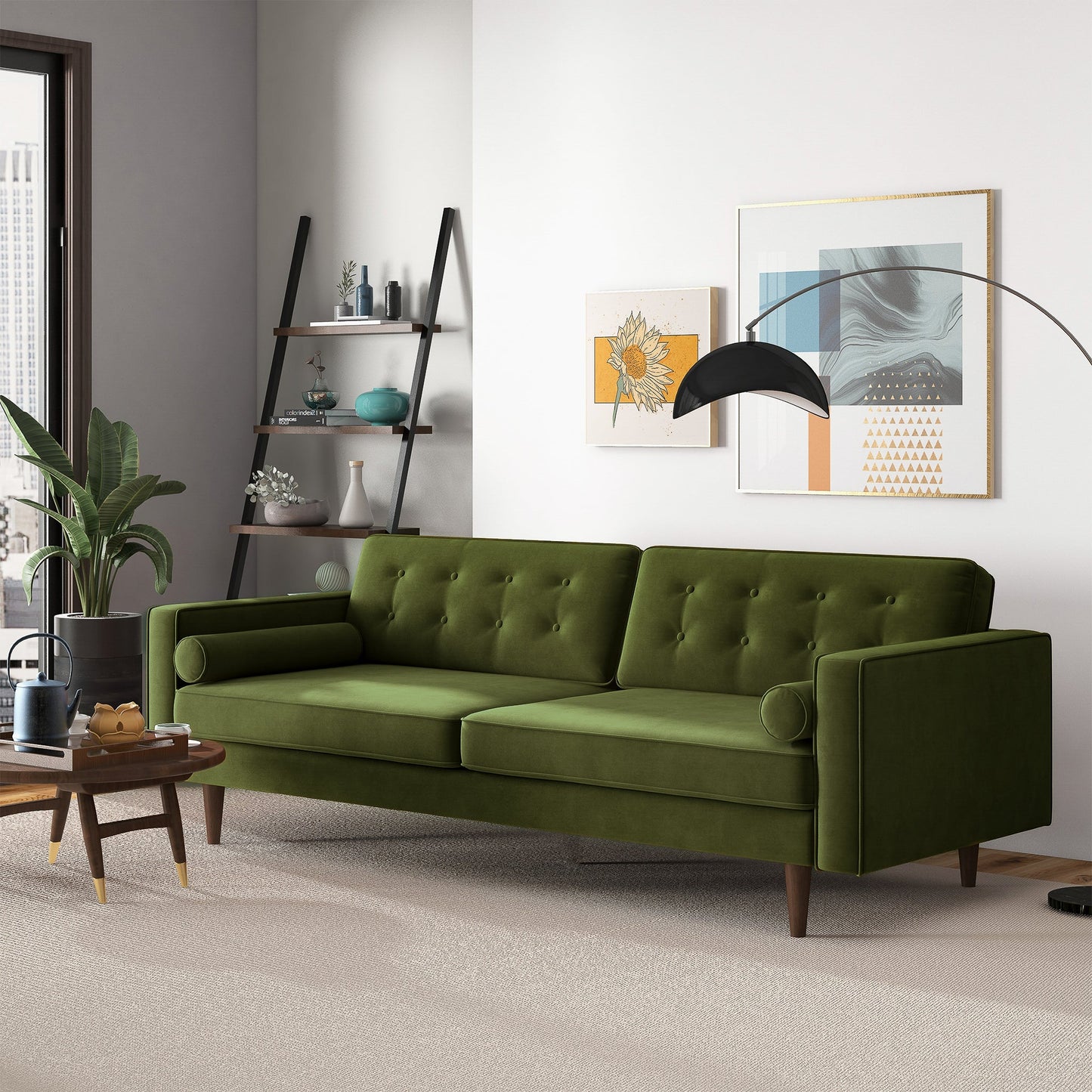 Casey 84" Mid-Century Modern Green Velvet Sofa