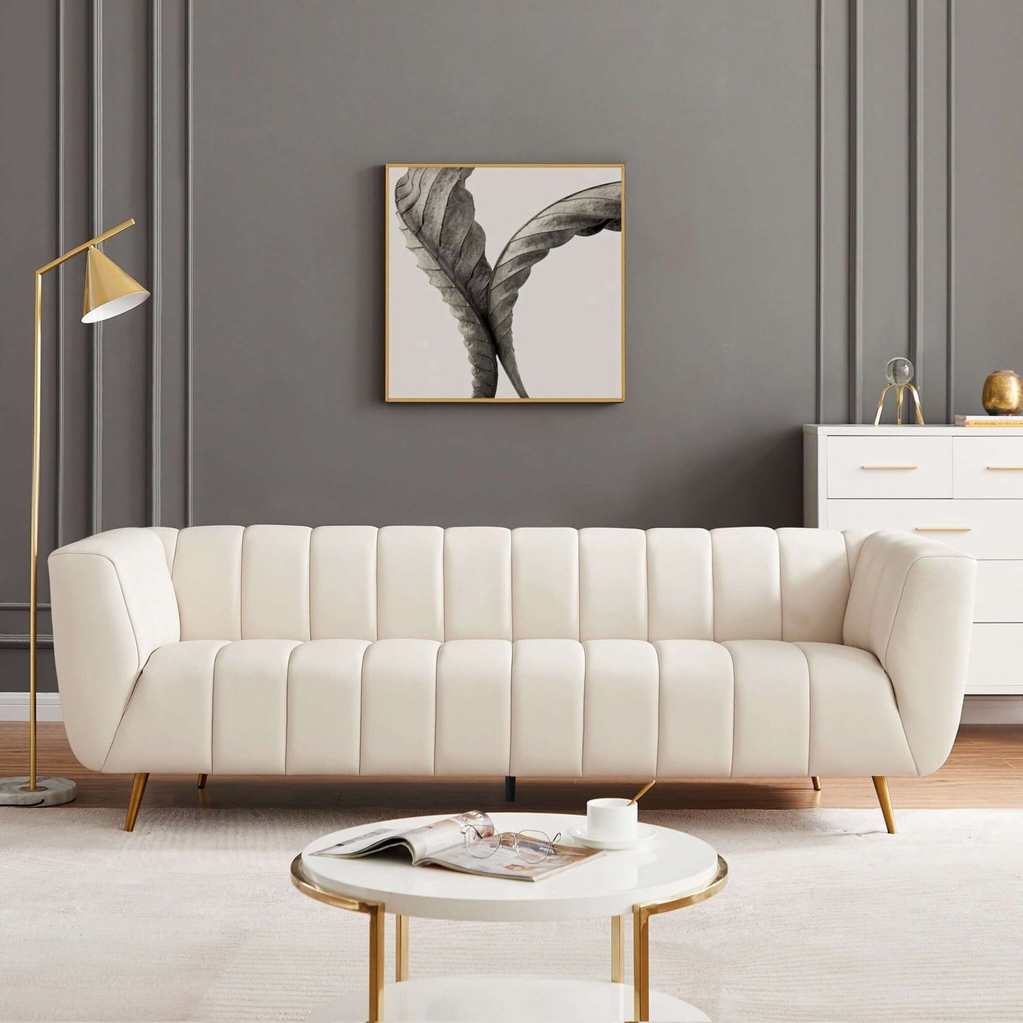 LaMattina Cream Genuine Italian Leather Channel Tufted Sofa