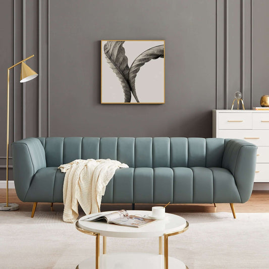 LaMattina Blue Genuine Italian Leather Channel Tufted Sofa