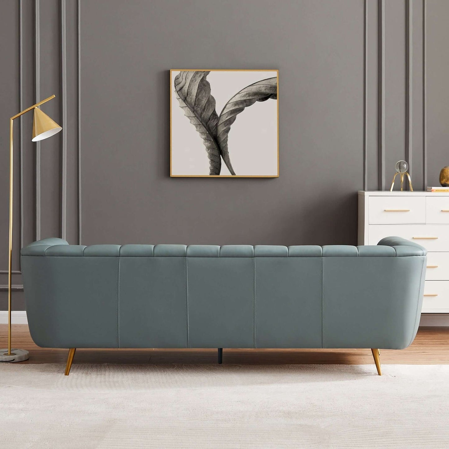 LaMattina Blue Genuine Italian Leather Channel Tufted Sofa