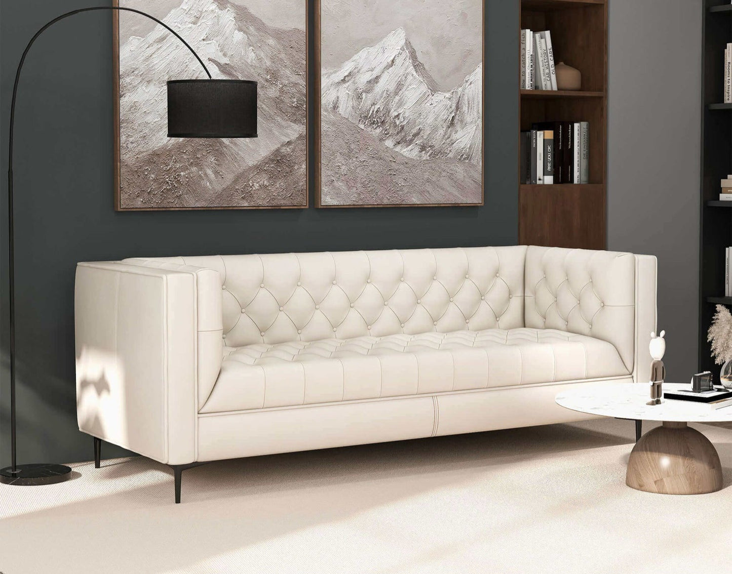 Evelyn 88" Cream Leather Luxury Chesterfield Sofa