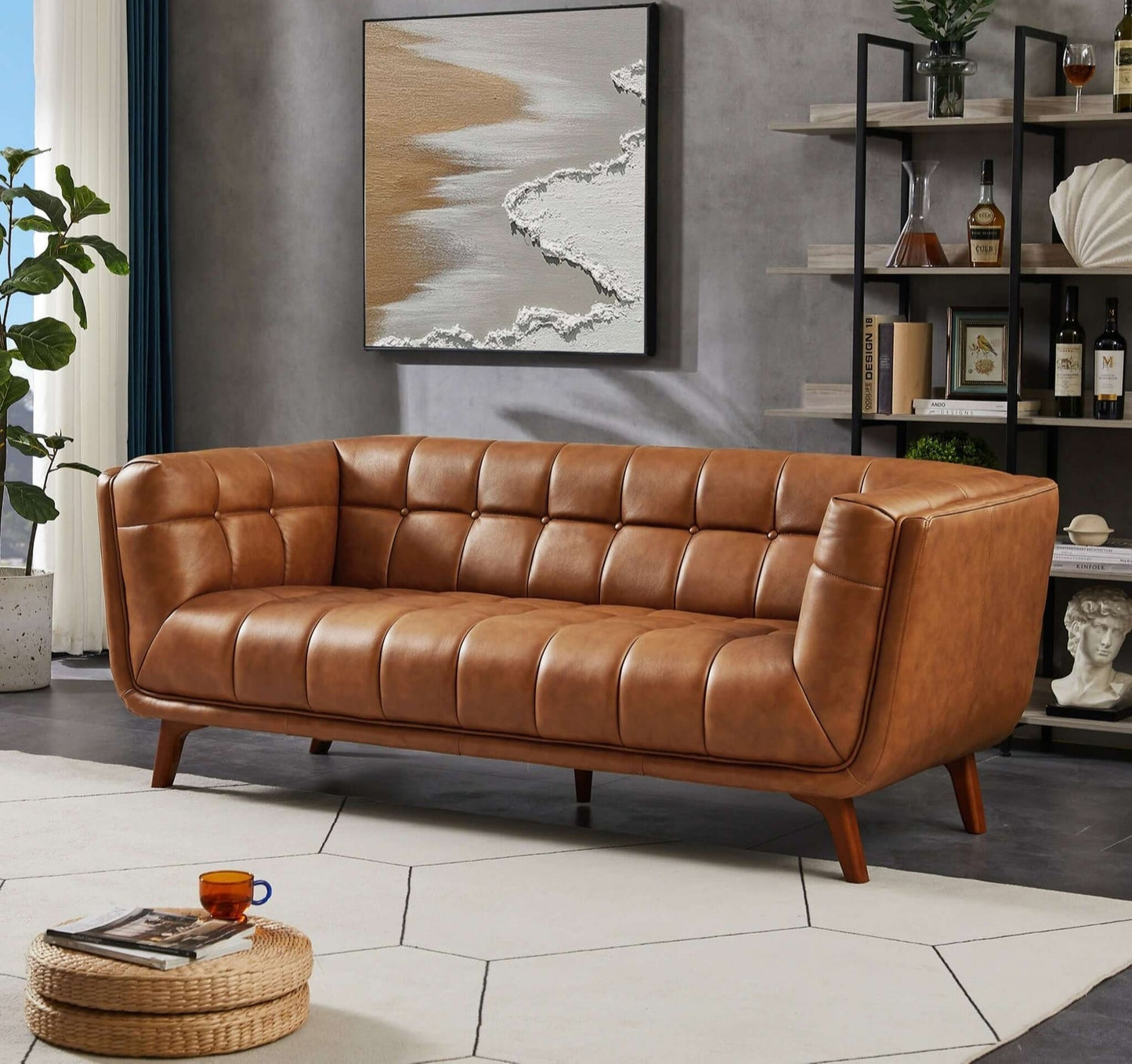 Addison 86" Cognac Genuine Leather Modern Sofa