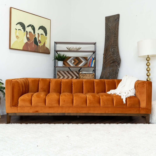 Melissa 91" Mid-Century Modern Orange Velvet Sofa