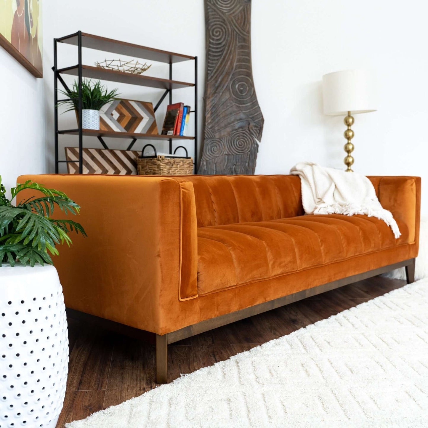 Melissa 91" Mid-Century Modern Orange Velvet Sofa