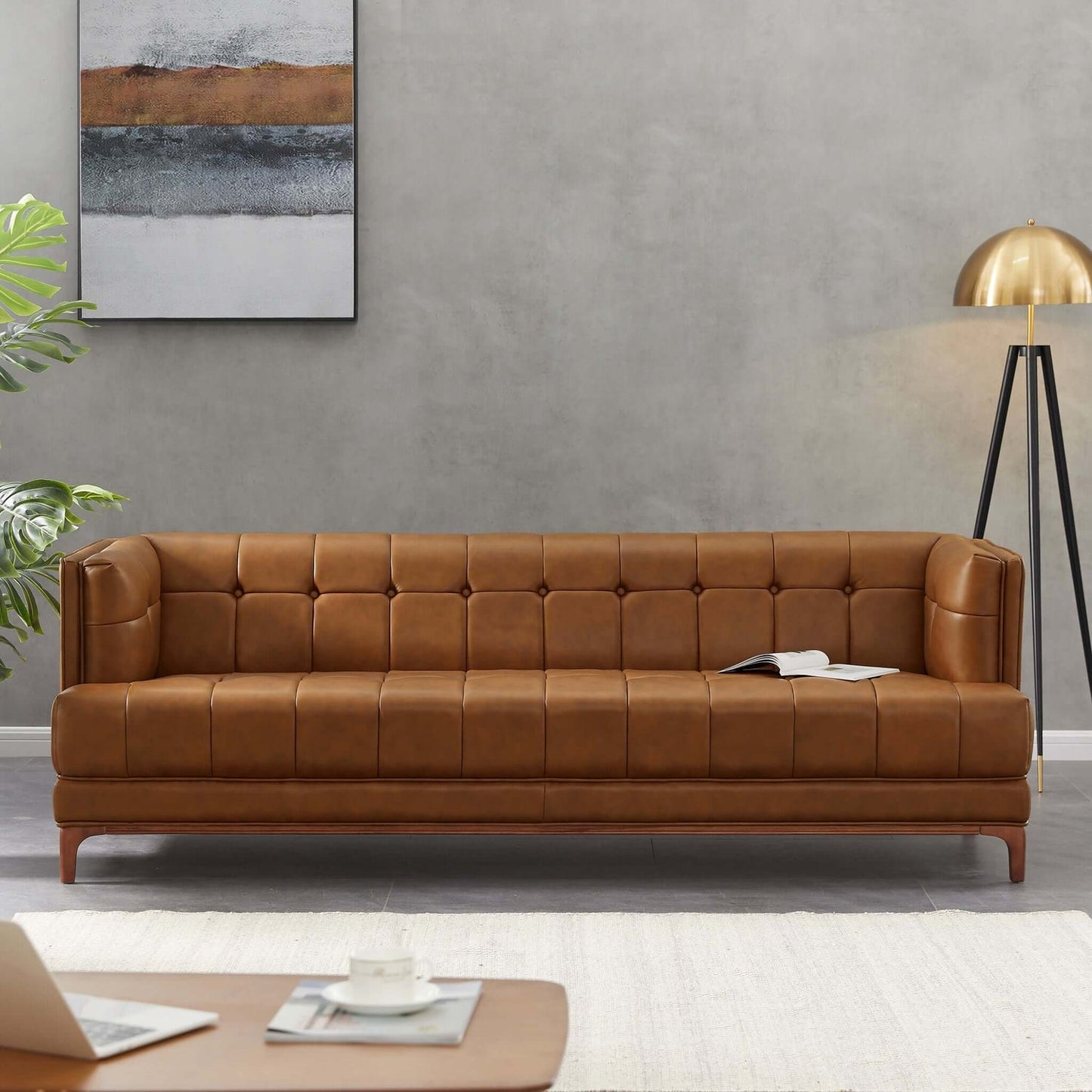 Mara Mid-Century Modern Tufted Cognac Leather Sofa